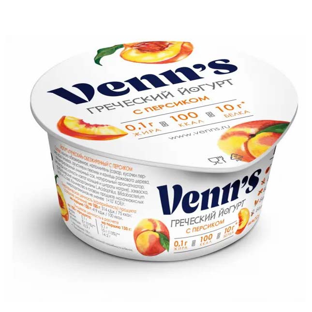 

Йогурт Venn's Греческий с персиком обезжиренный 0,1% БЗМЖ 130 г