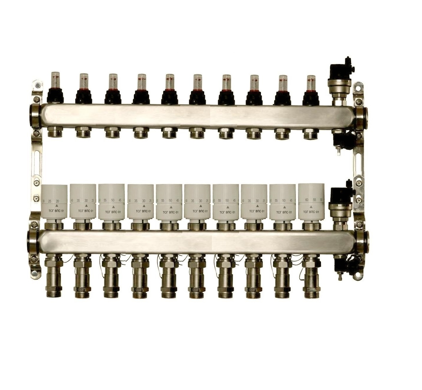 Коллекторная группа с термоголовками ТСГ ВПС на 10 выхода с расходомерами ВТП ТТ 0110
