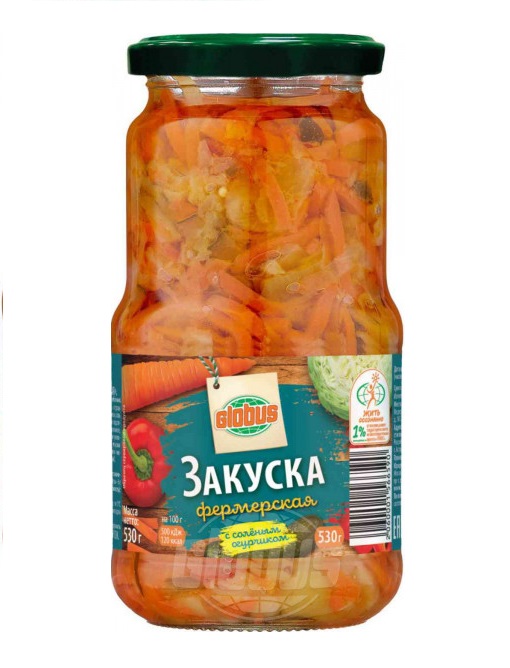

Закуска овощная Globus Фермерская с соленым огурчиком 530 г