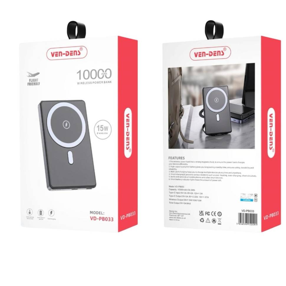 

Внешний аккумулятор Ven-Dens PB033 10000 мА/ч с беспроводной зарядкой, PB033