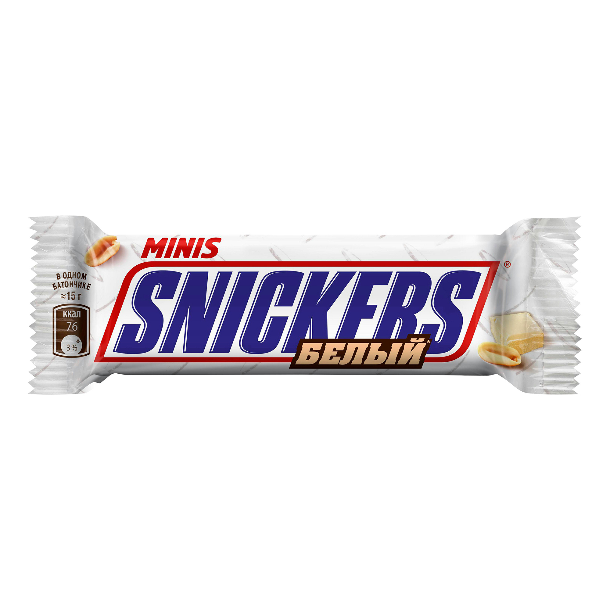 

Шоколадный батончик Snickers белый мини +-500 г