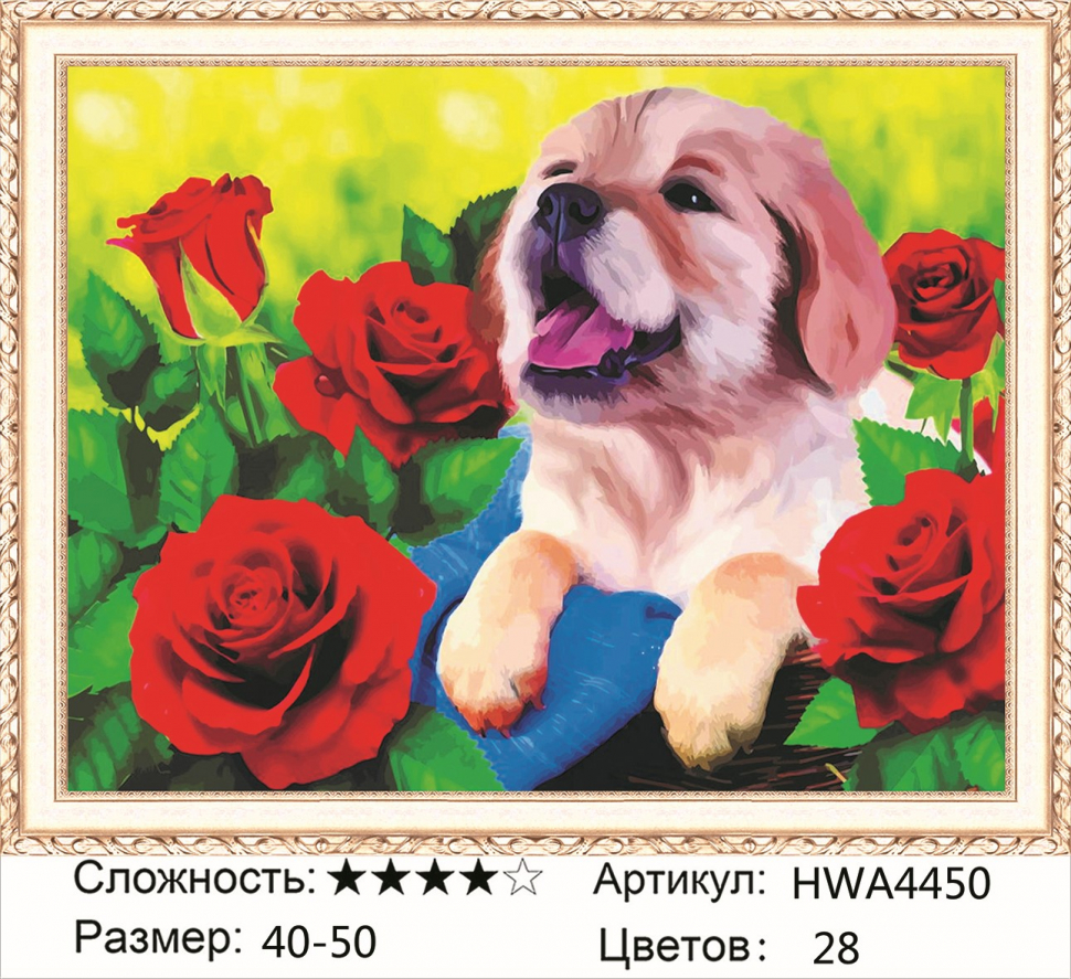 

Алмазная мозаика DVEKARTINKI Маленький щенок среди красных роз 40x50, Маленький щенок среди красных роз
