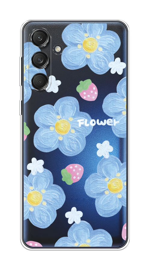 

Чехол на Samsung Galaxy M55 "Цветы и клубники", Прозрачный;голубой;белый, 2109650-1