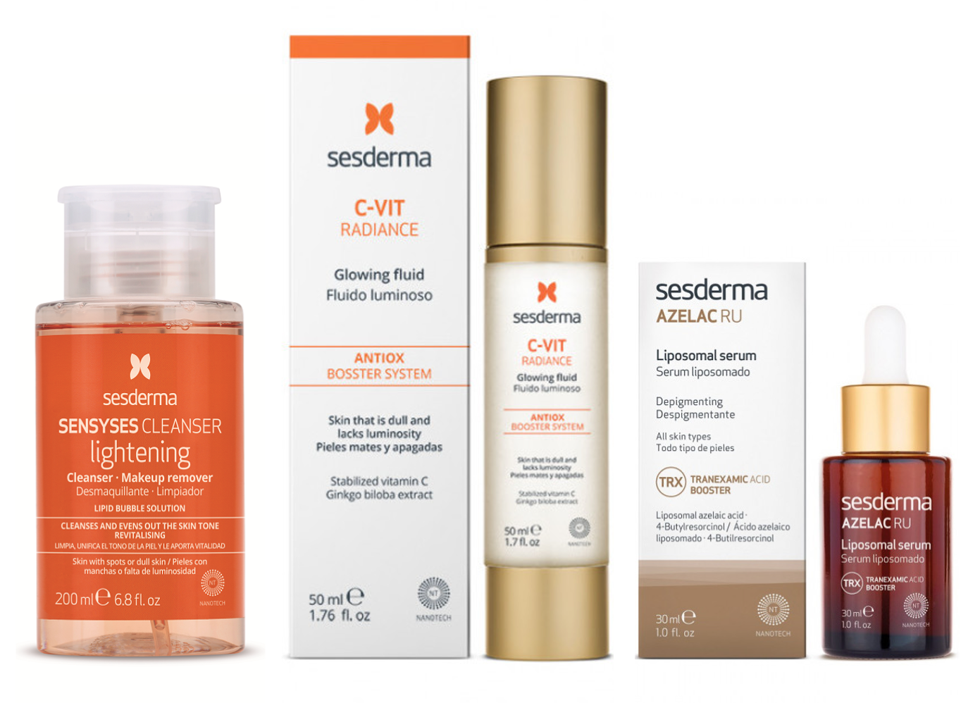 Набор Sesderma Флюид C-VIT, Сыворотка Azelac RU, Лосьон Sensyses Lightening депигментирующая сыворотка tete cosmeceutical medicell melanostop solution