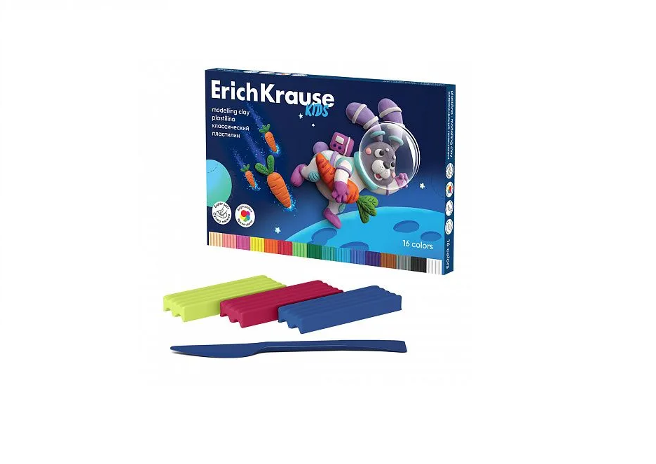 Пластилин ErichKrause 61333 Классический Kids и стек 16 цветов 288г пластилин erichkrause 61344 классический и стек 6 ов 108г