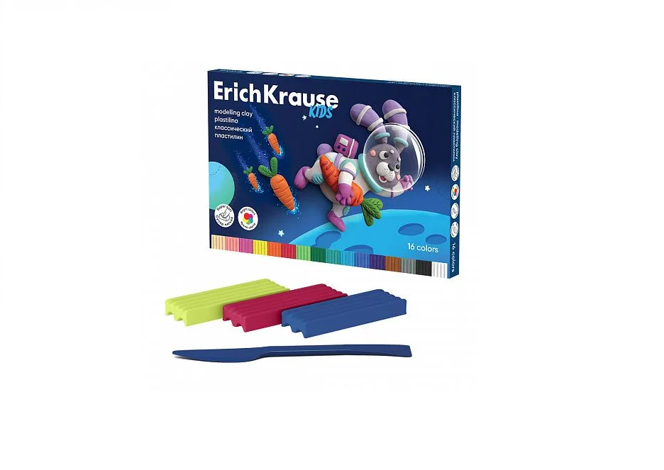 Пластилин ErichKrause 61333 Классический Kids и стек 16 цветов 288г пластилин erichkrause 61337 классический kids glitter и стек 6 ов 108г