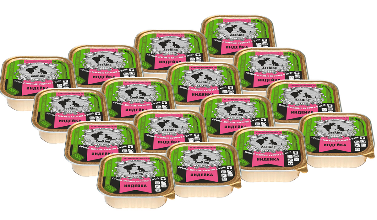 

Консервы для кошек ZooRing с индейкой в желе, 16шт по 100г