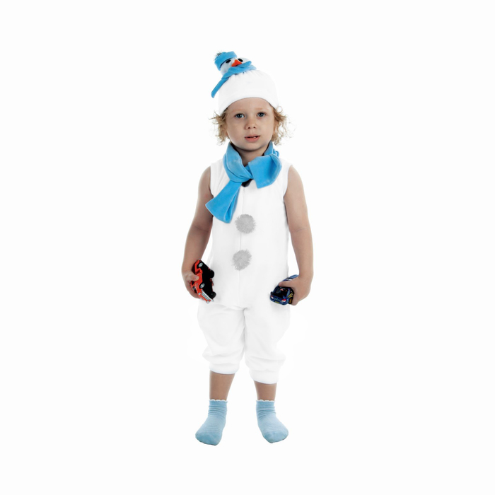 Детский карнавальный костюм Снеговик с голубым шарфом, велюр, комбинезон, шапка, шарф, р карнавальный костюм детский вестифика снеговик белый 128