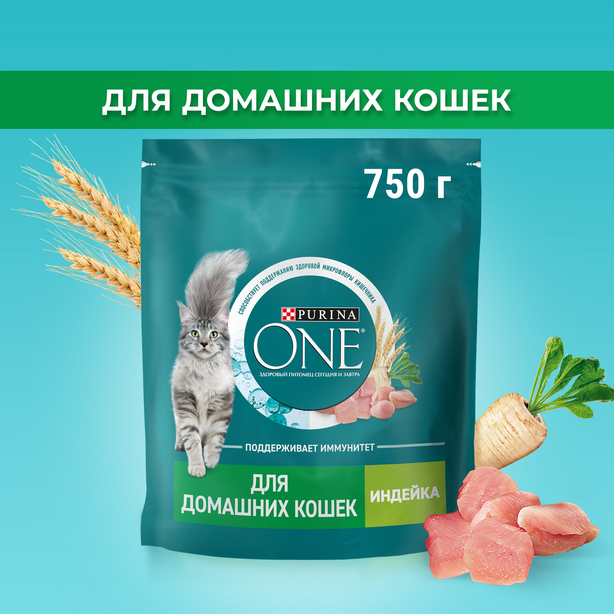 Сухой корм для кошек Purina ONE при домашнем образе жизни с индейкой и злаками, 750 г