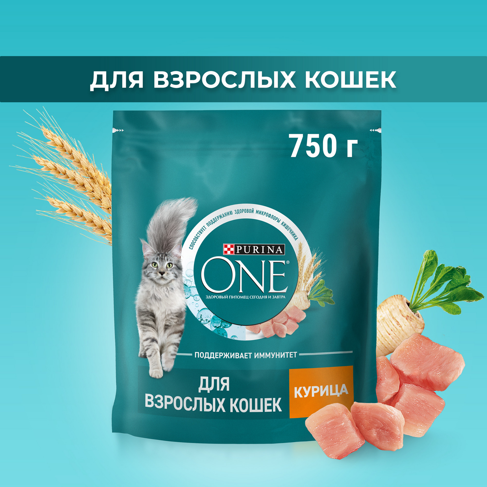 Сухой корм для кошек Purina ONE с курицей и цельными злаками, 750 г