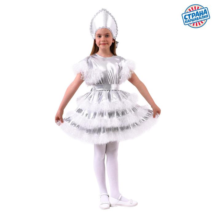 Карнавальный костюм Снежинка, рисунок в виде пайеток, платье, кокошник, рост 122-128 см