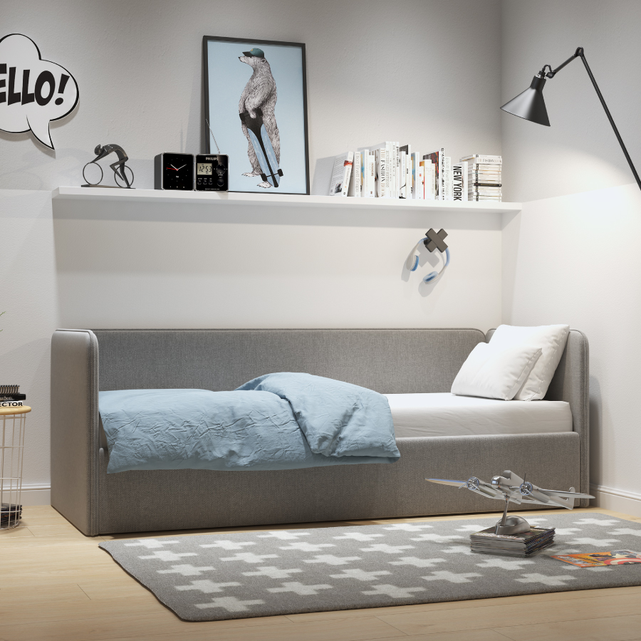 

Диван-кровать детский Romack Rafael 90x200, серая рогожка, с ящиком, большая боковина, Серый, Leonardo