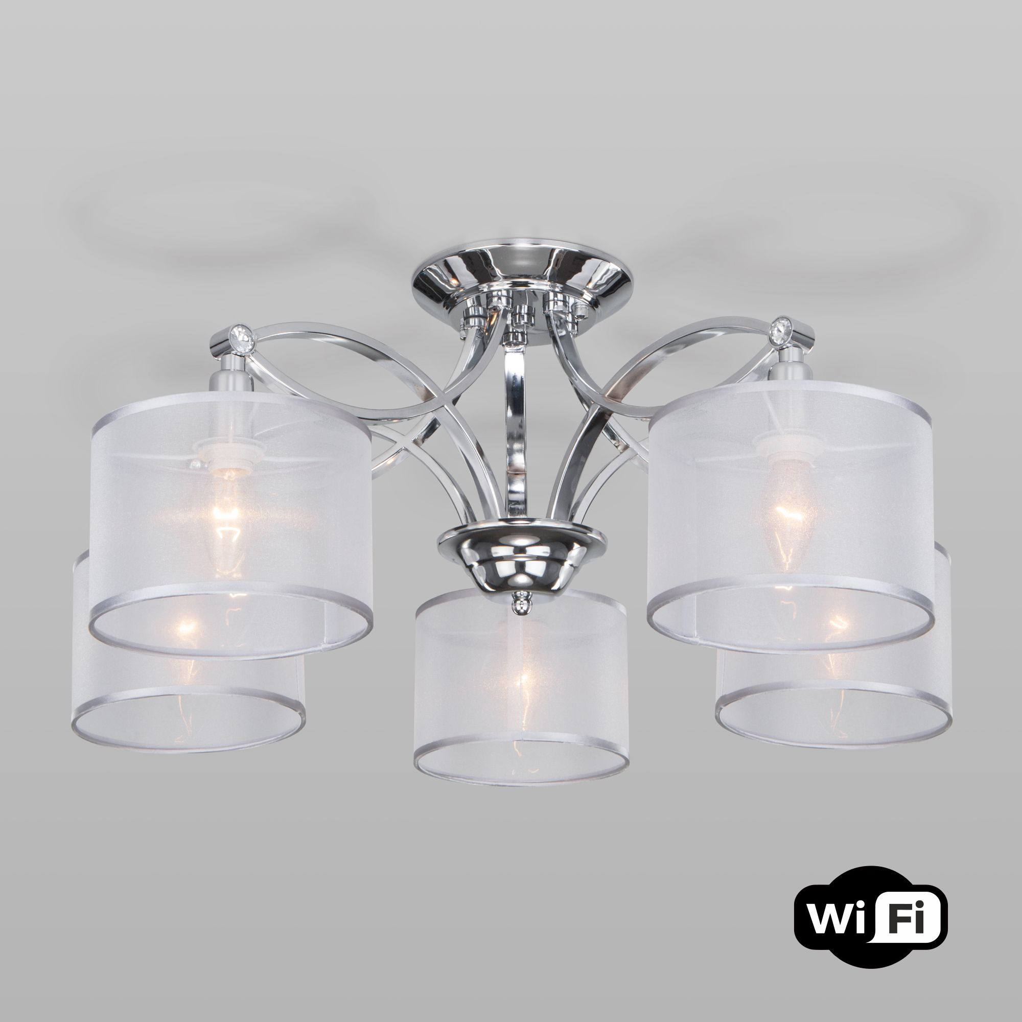 Умная потолочная люстра Eurosvet 60124/5 Smart Fabiola хром ткан. абажуры Е14 MiniMir Home