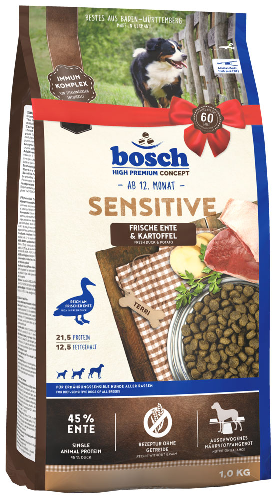 

Корм для собак Bosch Sensitive, с чувствительным пищеварением, с уткой и картофелем, 1 кг
