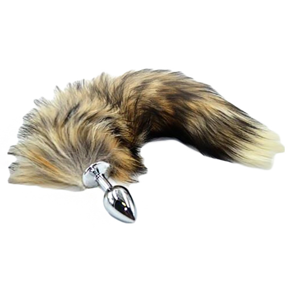 Серебристая анальная пробка из нержавеющей стали с коричнево-бежевым хвостом