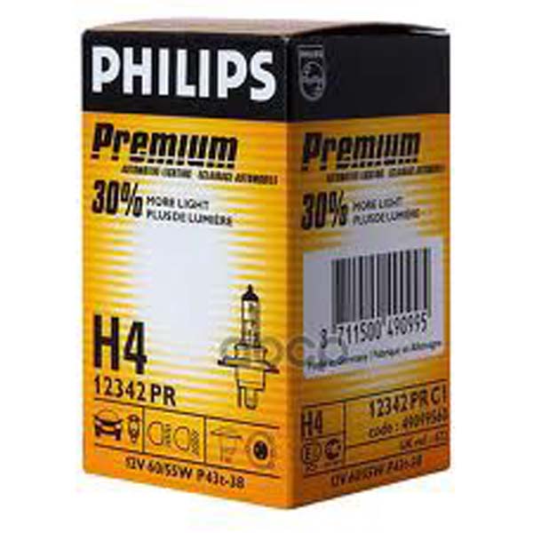 фото Лампа philips h4 12v 60/55w p43t premium philips 12342pr