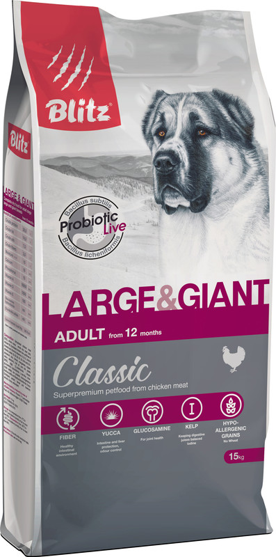 фото Сухой корм для собак blitz giant & large adult classic, для крупных пород, птица, 15кг