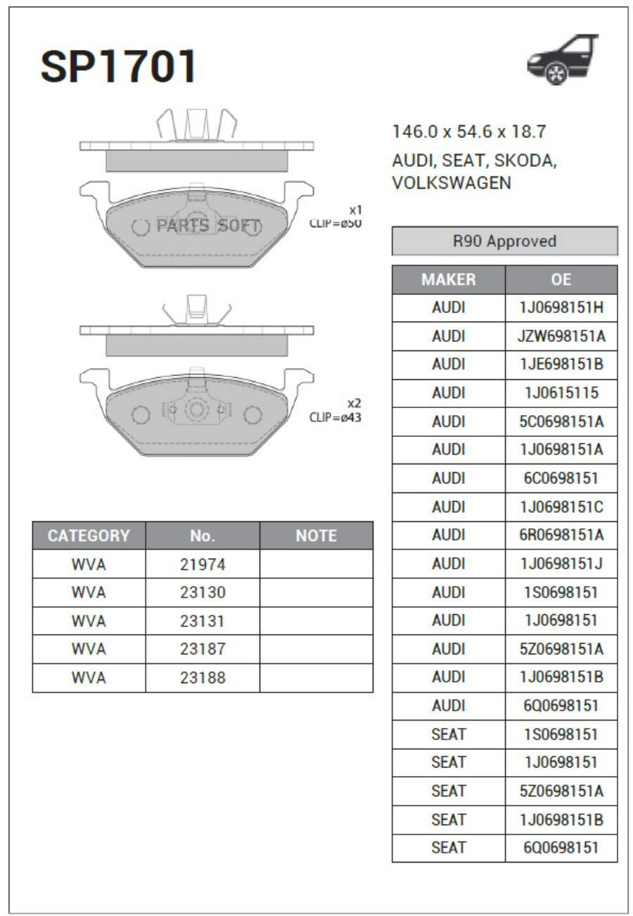 

Колодки тормозные VW Polo (09-) AUDI A1 (10-) передние (без датчика) (4шт.) SANGSIN