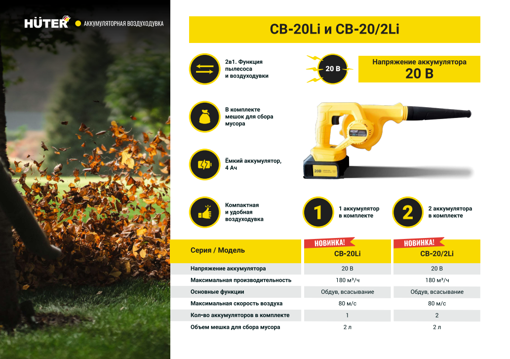 Воздуходувка аккумуляторная Huter CB-20Li EA+ в комплекте с 1 АКБ и зу