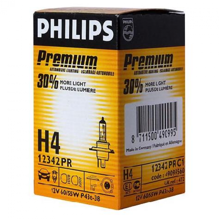 фото Лампа philips h4 12v 60/55w p43t premium philips 12342pr