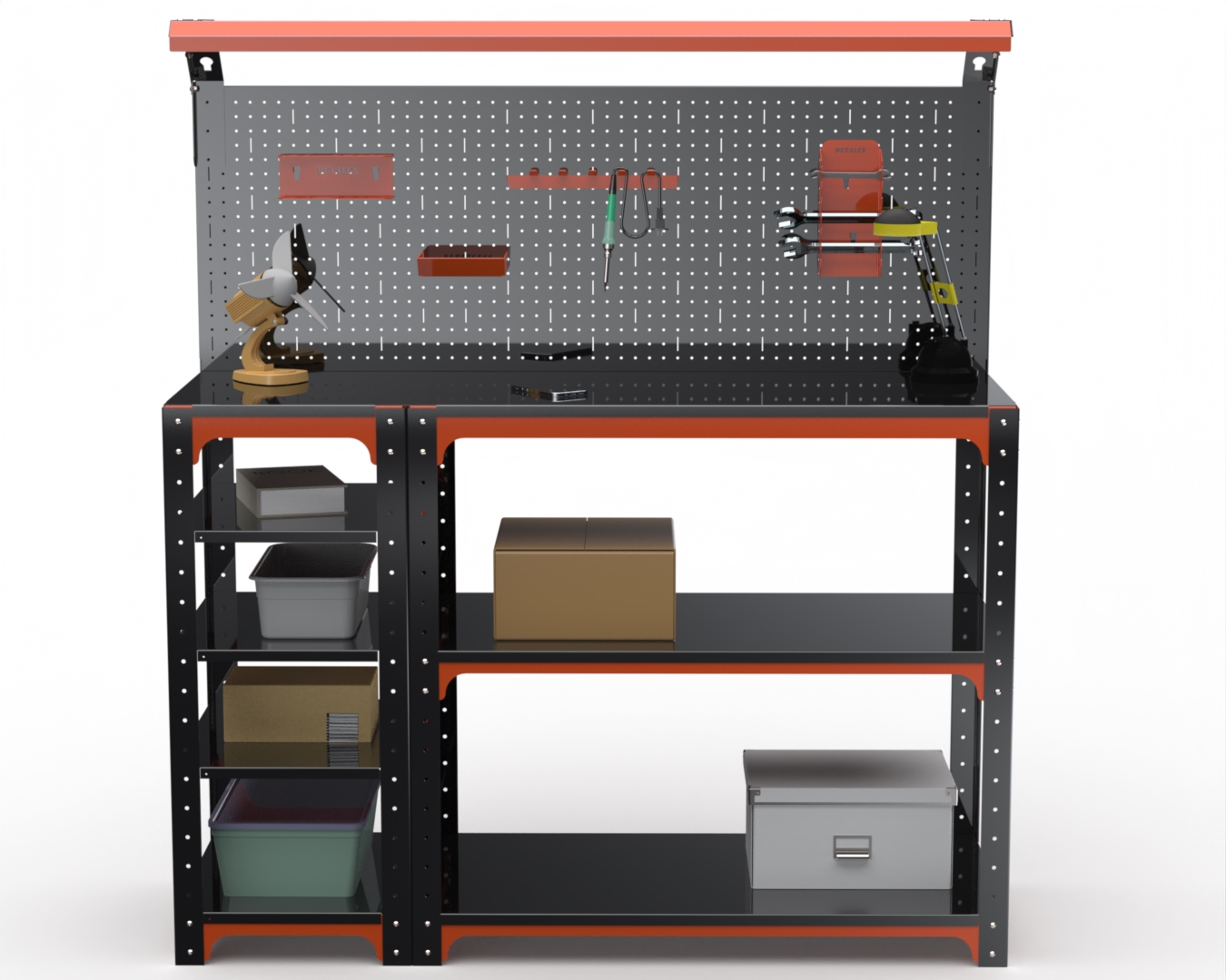 

Стол-верстак Metalex серия KIT 950х1200х500 с бок. полками, перфопанелью и комп. освещения, Оранжевый;черный