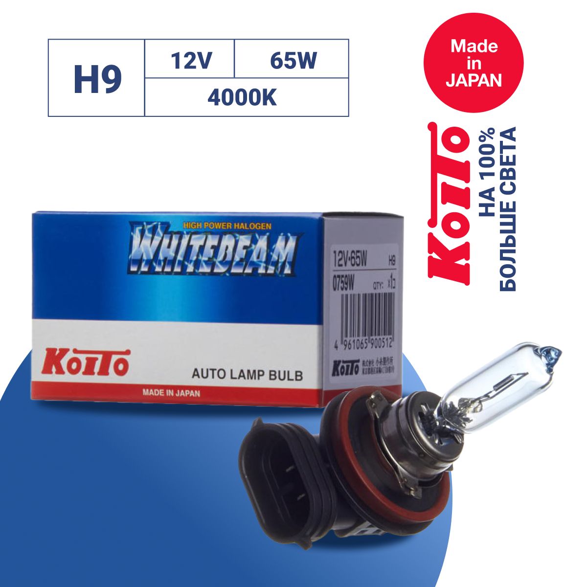 

Лампа Koito Whitebeam H9 12V 65W (120W) 4000K (уп. 1 шт.) арт. 0759W, Whitebeam