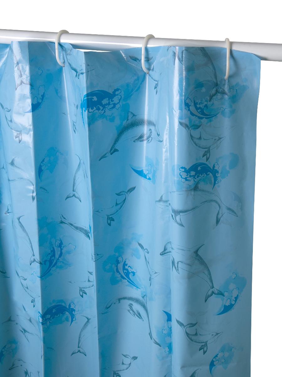 Штора для ванной комнаты 004 дельфины голубая