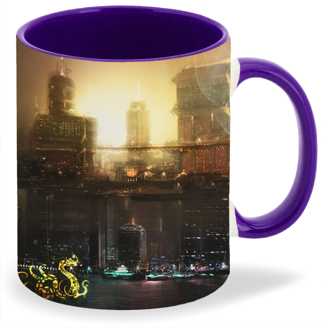 

Кружка фиолетовая CoolPodarok deus ex 3 Мужчина на фоне город