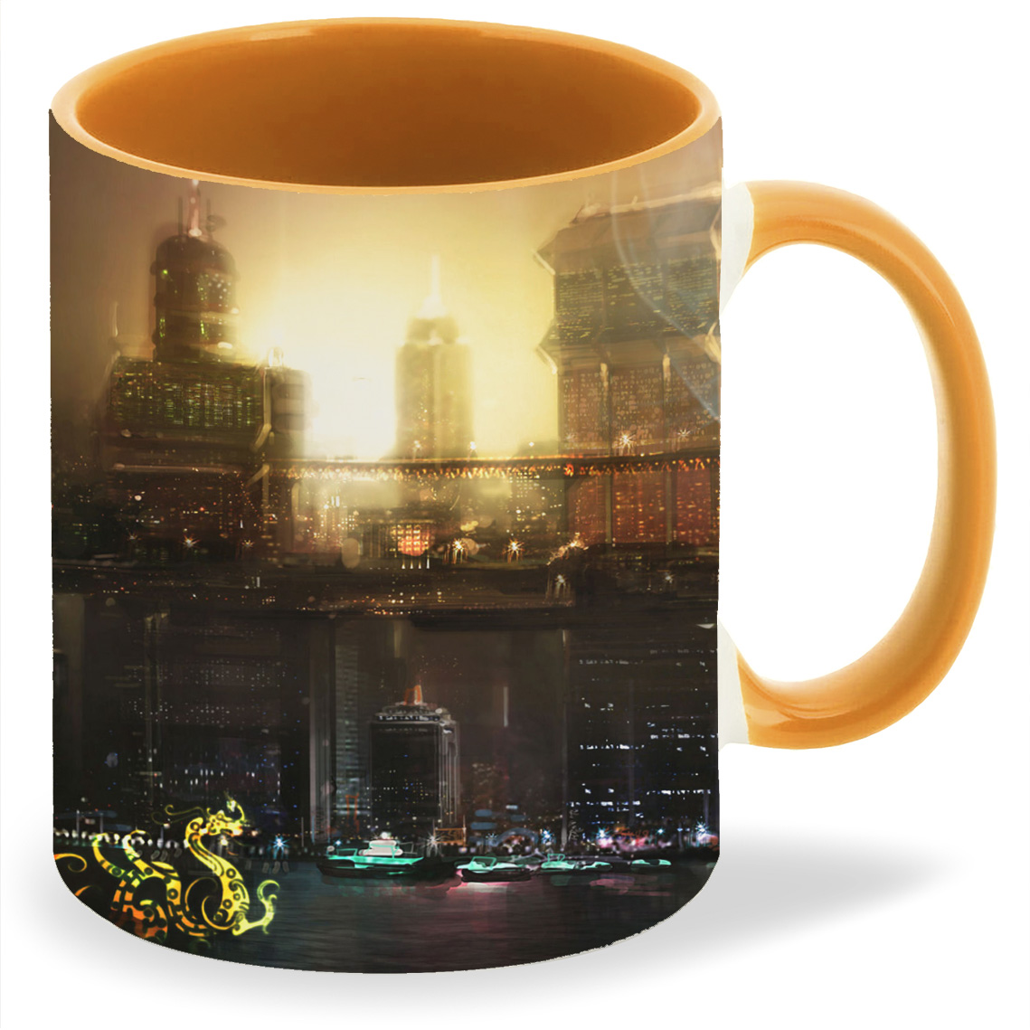 

Кружка оранжевая CoolPodarok deus ex 3 Мужчина на фоне город