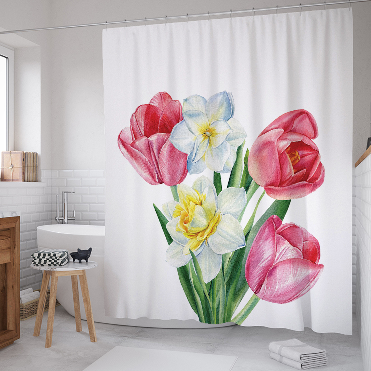 

Штора для ванной Весенний букет 180х200 с крючками, Белый, Весенний букет