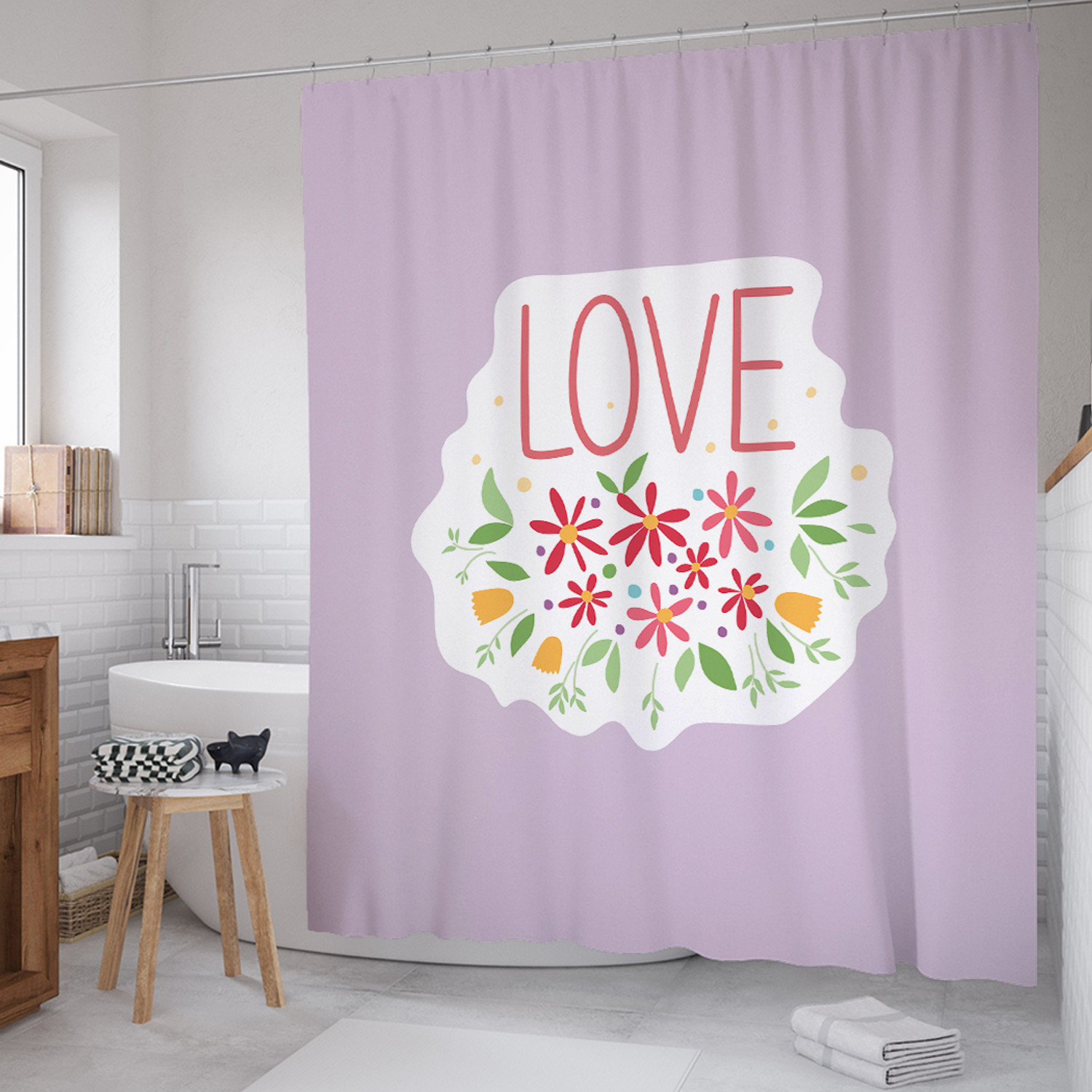 

Штора для ванной LOVE 180х200 с крючками, Фиолетовый, LOVE