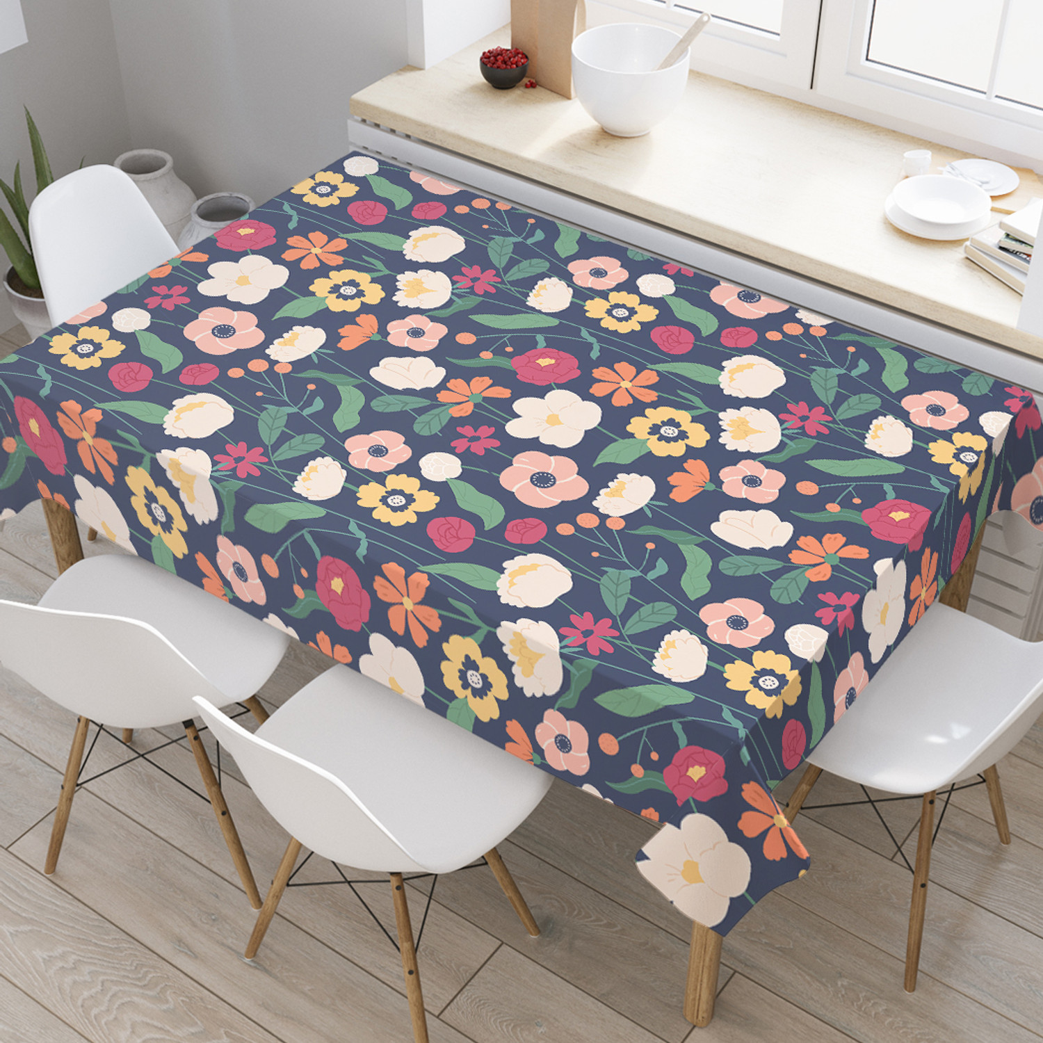 

Прямоугольная тканевая скатерть на стол Поле цветов 145х180см, Белый, Поле цветов