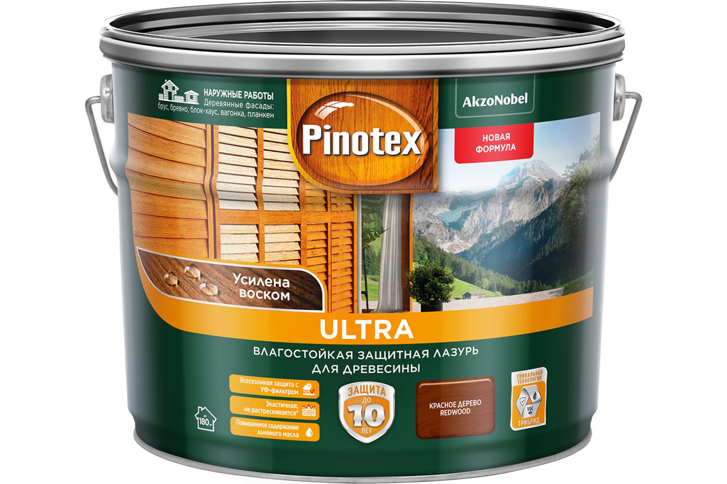 

PINOTEX Ultra влагостойкая лазурь по дереву красное дерево (9л)