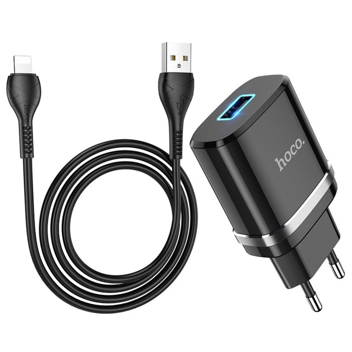 

Сетевое зарядное устройство Hoco N1, 1 USB, кабель Lightning - USB 1 м, чёрное, N1