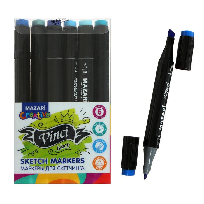 

Маркеры для скетчинга двусторонние Mazari Vinci, 6 цветов, Marine colors (морские цвета)