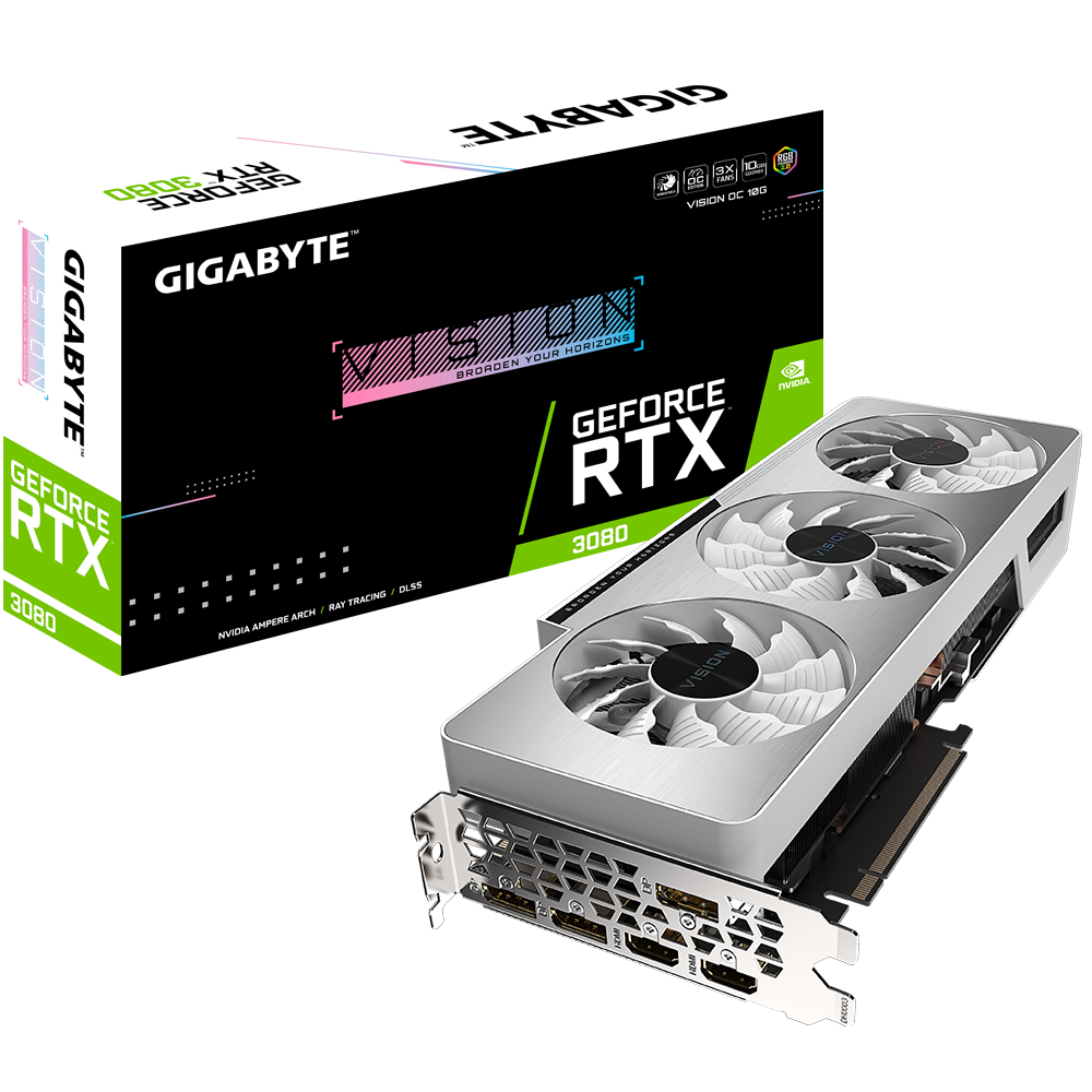 

Видеокарта GIGABYTE GeForce RTX 3080 VISION OC (GV-N3080VISION OC-10GD), Белый, GeForce RTX 3080 VISION OC
