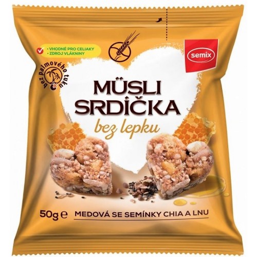 

Мини-снеки мюсли злаковые сердечки мед-чиа-лен Semix без глютена 10 пакетов по 50 г, МИНИ-СНЕКИ МЮСЛИ МУЛЬТИЗЛАКОВЫЕ СЕРДЕЧКИ МЕД/ЧИА/ЛЕН SEMIX Б/ГЛ.. 10Х50Г