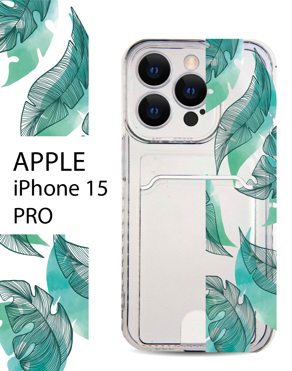 

Чехол на Apple iPhone 15 Pro с карманом для банковской карты и принтом, Зеленый;черный, Apple iPhone 15 Pro