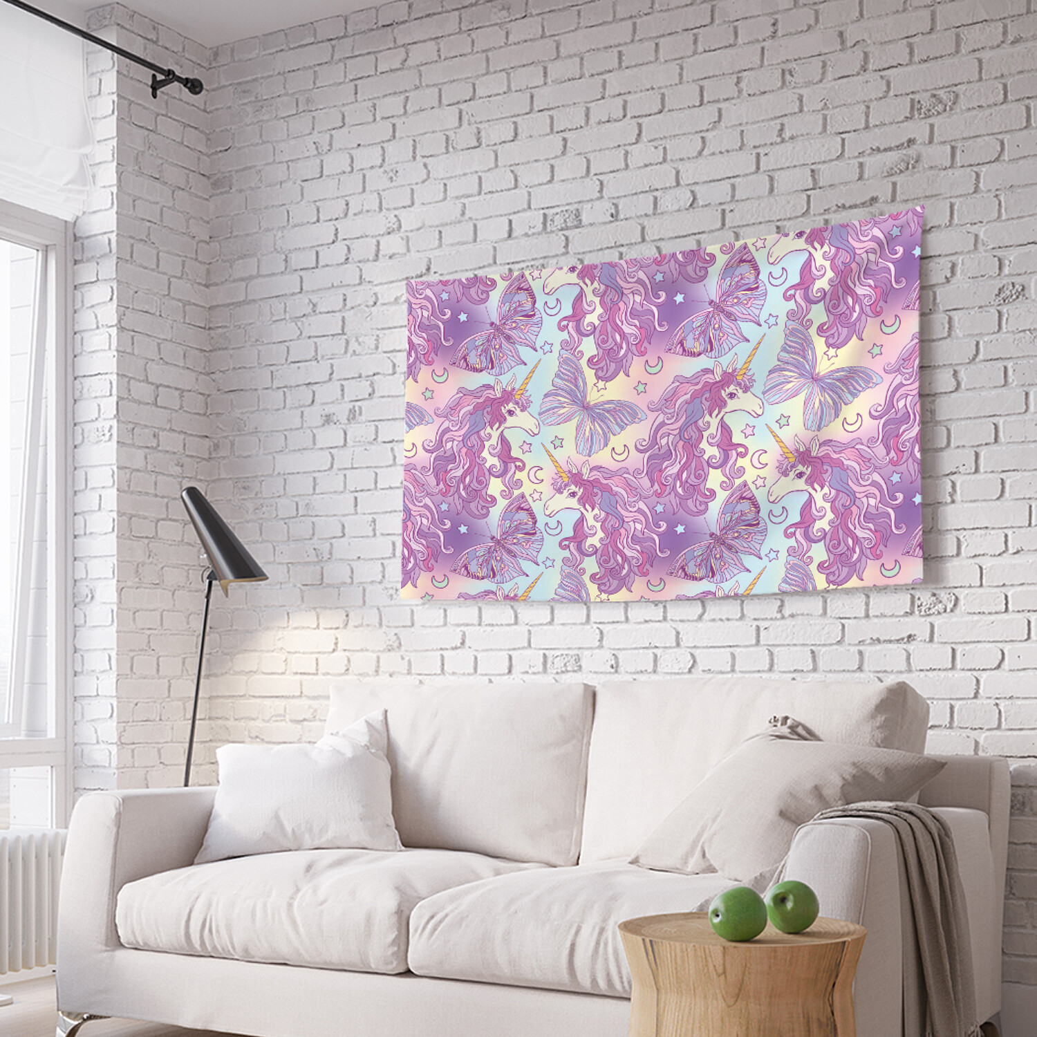 

Горизонтальное фотопанно на стену Единороги с бабочками из ткани 100х150 см, Единороги с бабочками