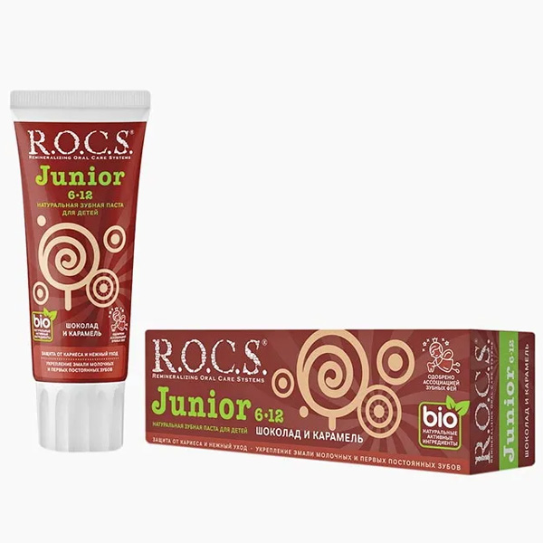 Зубная паста детская R.O.C.S. Junior Шоколад и карамель, от 6 до 12 лет 74 г батончик вафельный babyfox roxy шоколад и фундучная паста 18 гр