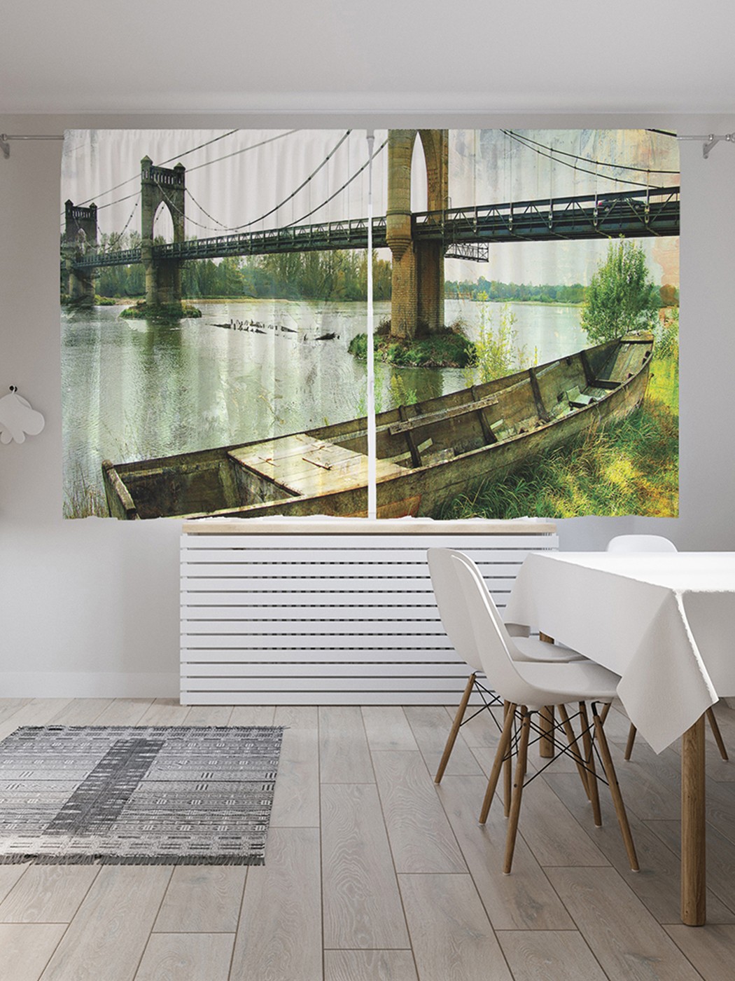 фото Шторы с фотопечатью "лодка у моста" из сатена, 290х180 см joyarty