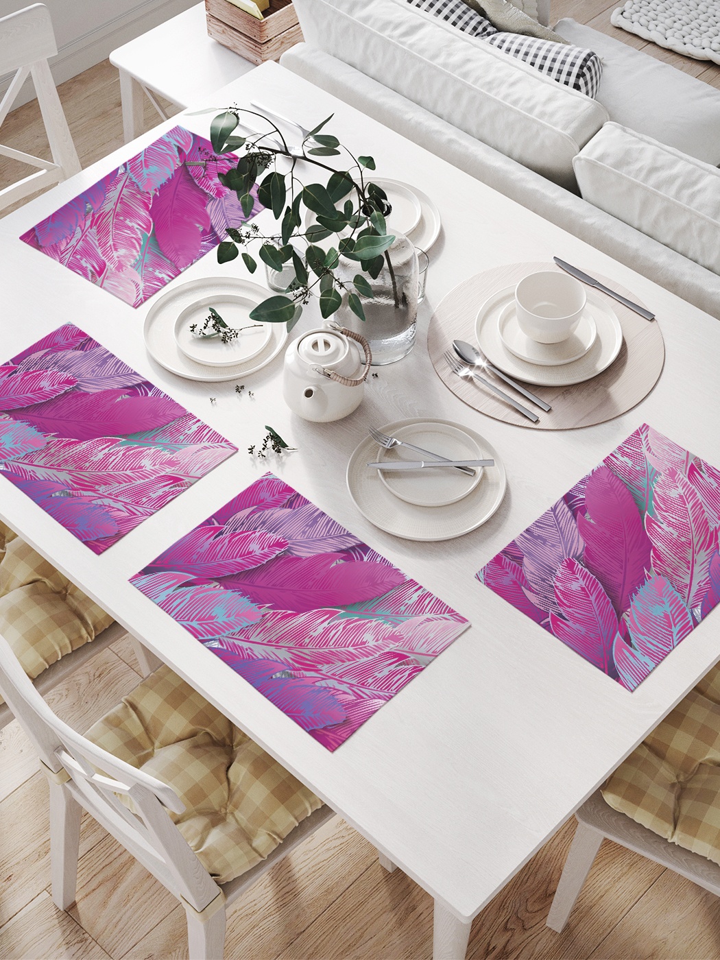 

Комплект салфеток для сервировки стола «Море перьев» (32х46 см, 4 шт.), Розовый;серый;синий