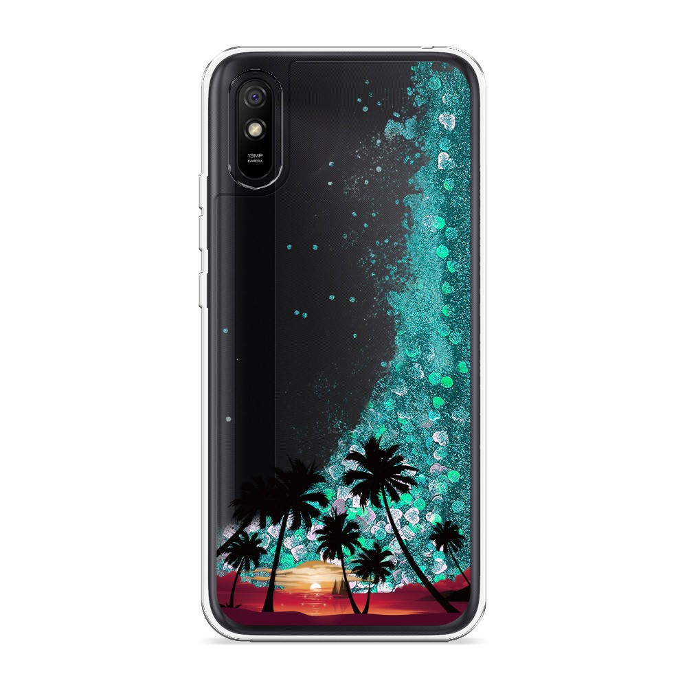 

Жидкий чехол с блестками "Закат и пальмы" на Xiaomi Redmi 9A