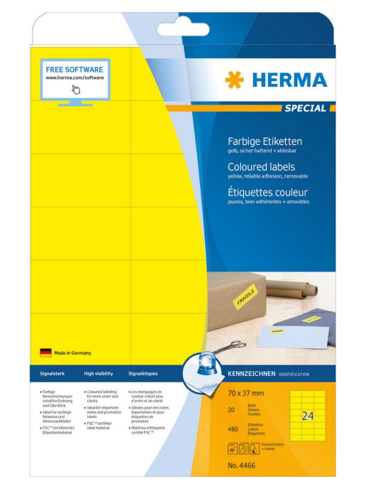 Самоклеящиеся этикетки бумажные 70*37 HERMA 25 листов, желтые