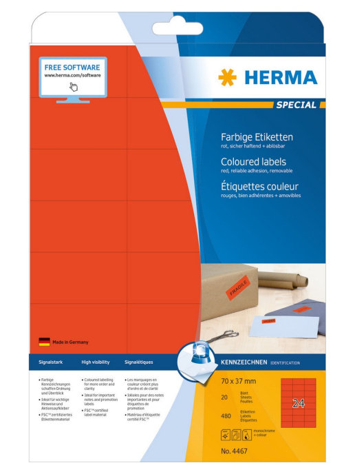 

Самоклеящиеся этикетки бумажные 70*37 HERMA 25 листов, красные