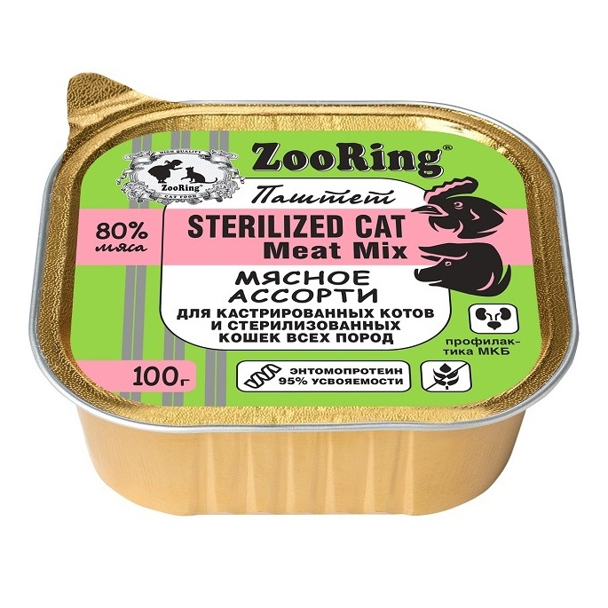 Консервы для кошек ZooRing, для стерилизованных, мясное ассорти, паштет, 100 г