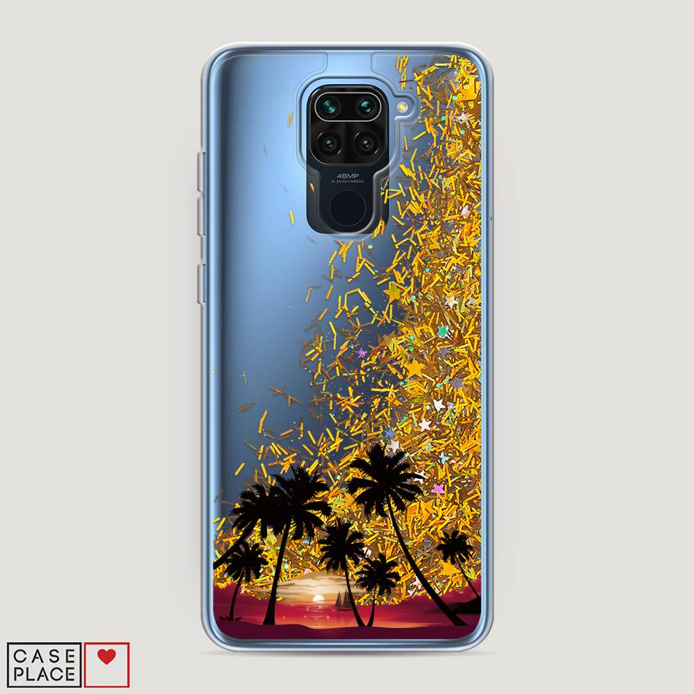 фото Жидкий чехол с блестками "закат и пальмы" на xiaomi redmi note 9 awog
