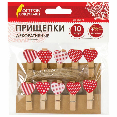 

Прищепки декоративные Сердечки, 10 штук, 3,5 см, ассорти, со шпагатом, ОСТРОВ СОКРОВИЩ,, Разноцветный