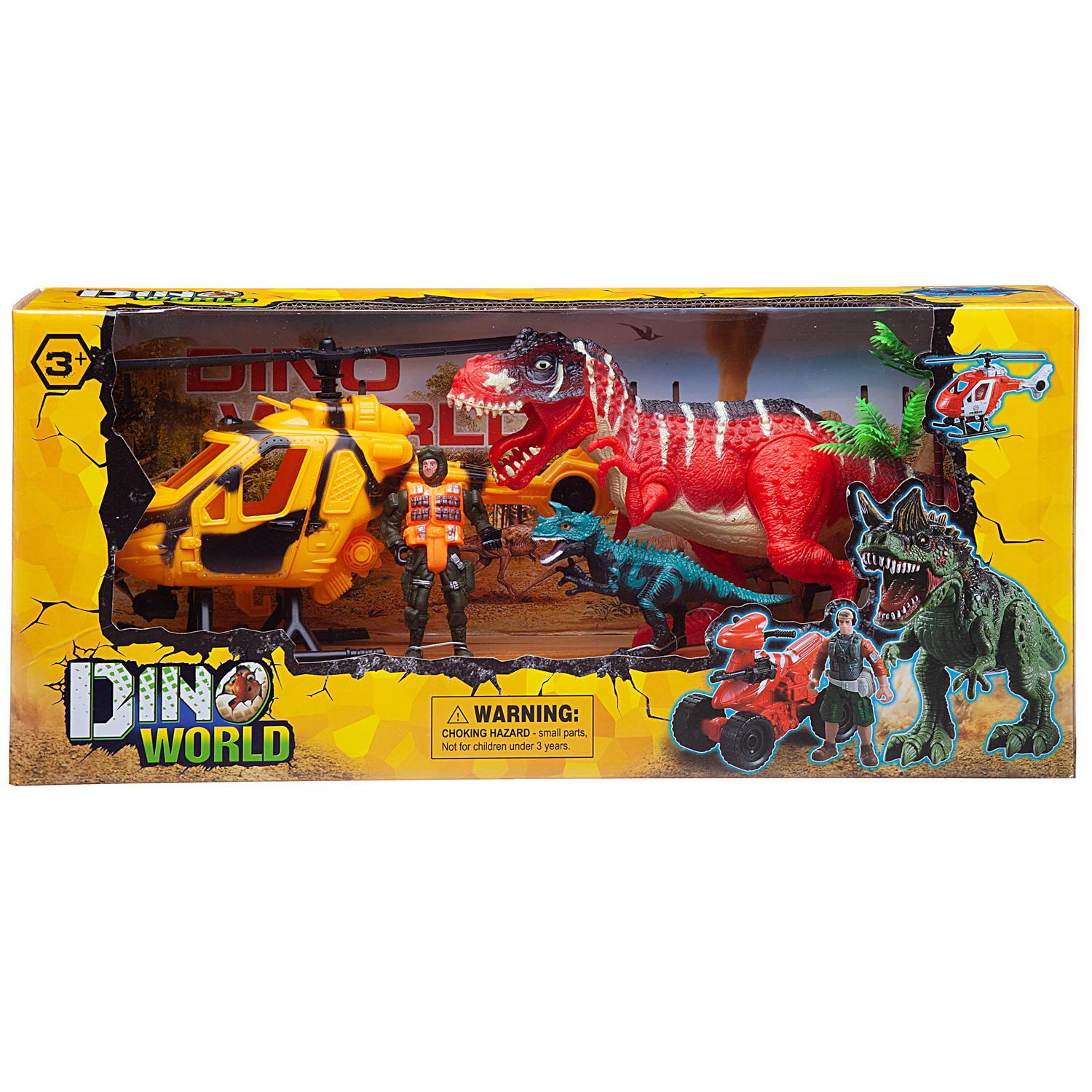 Игровой набор Junfa Мир 2 динозавра, вертолет, фигурка человека, акссесуары