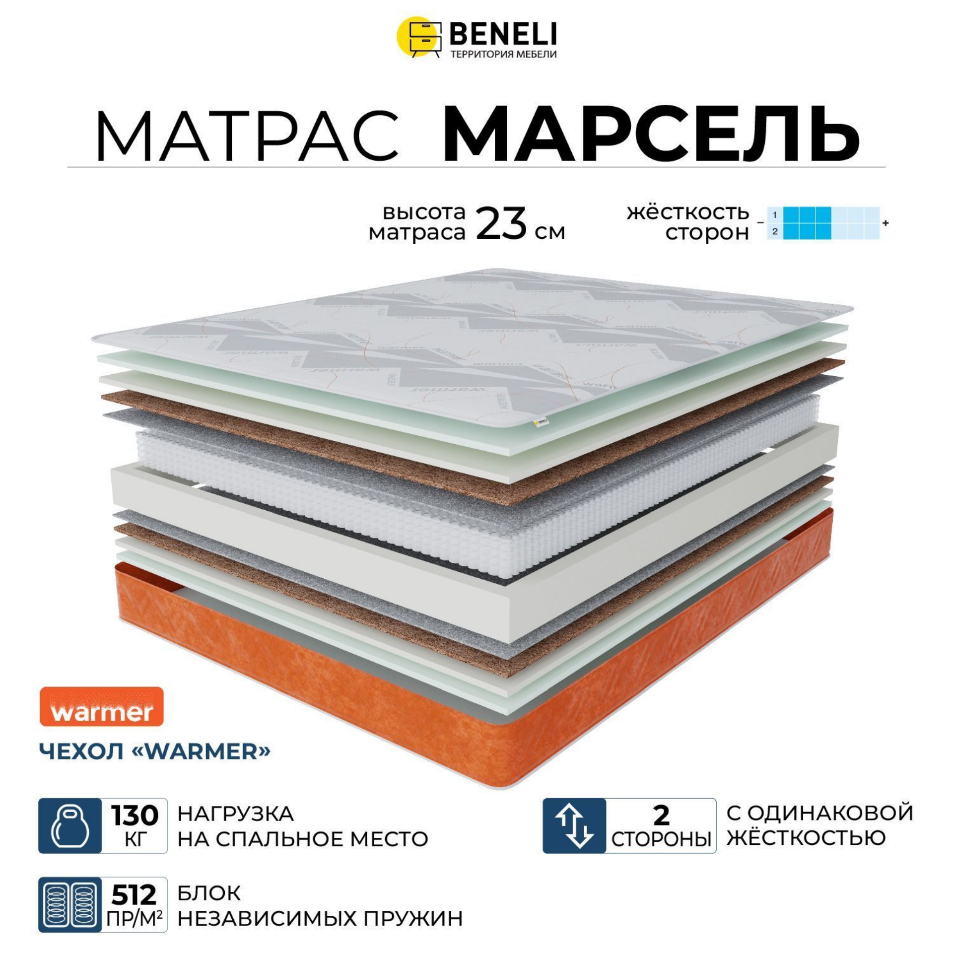 

Ортопедический матрас Beneli Марсель в чехле Warmer, Независимые пружины, 180х200, Белый;оранжевый;серый, МАРСЕЛЬ_Warmer